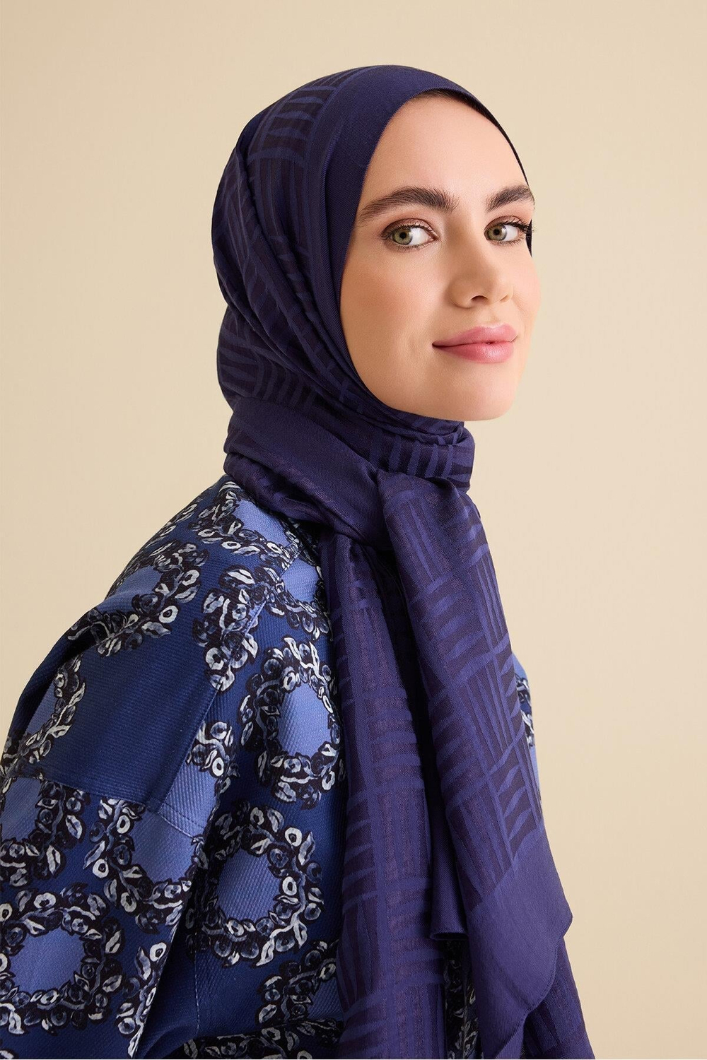 Imannoor Naia Şal - Iman Kare Desenli - Lacivert