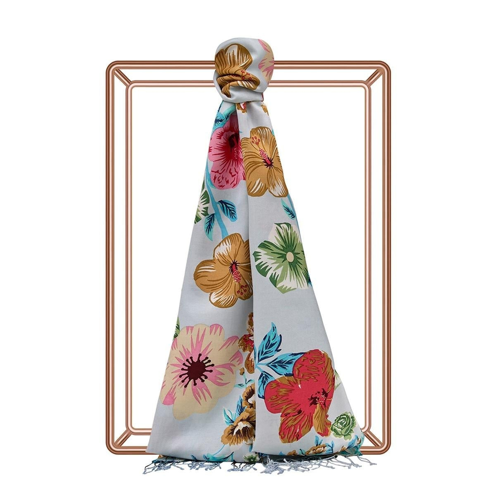 İpekevi Desenli İpek Şal - Floral Desenli - Bebe Mavisi