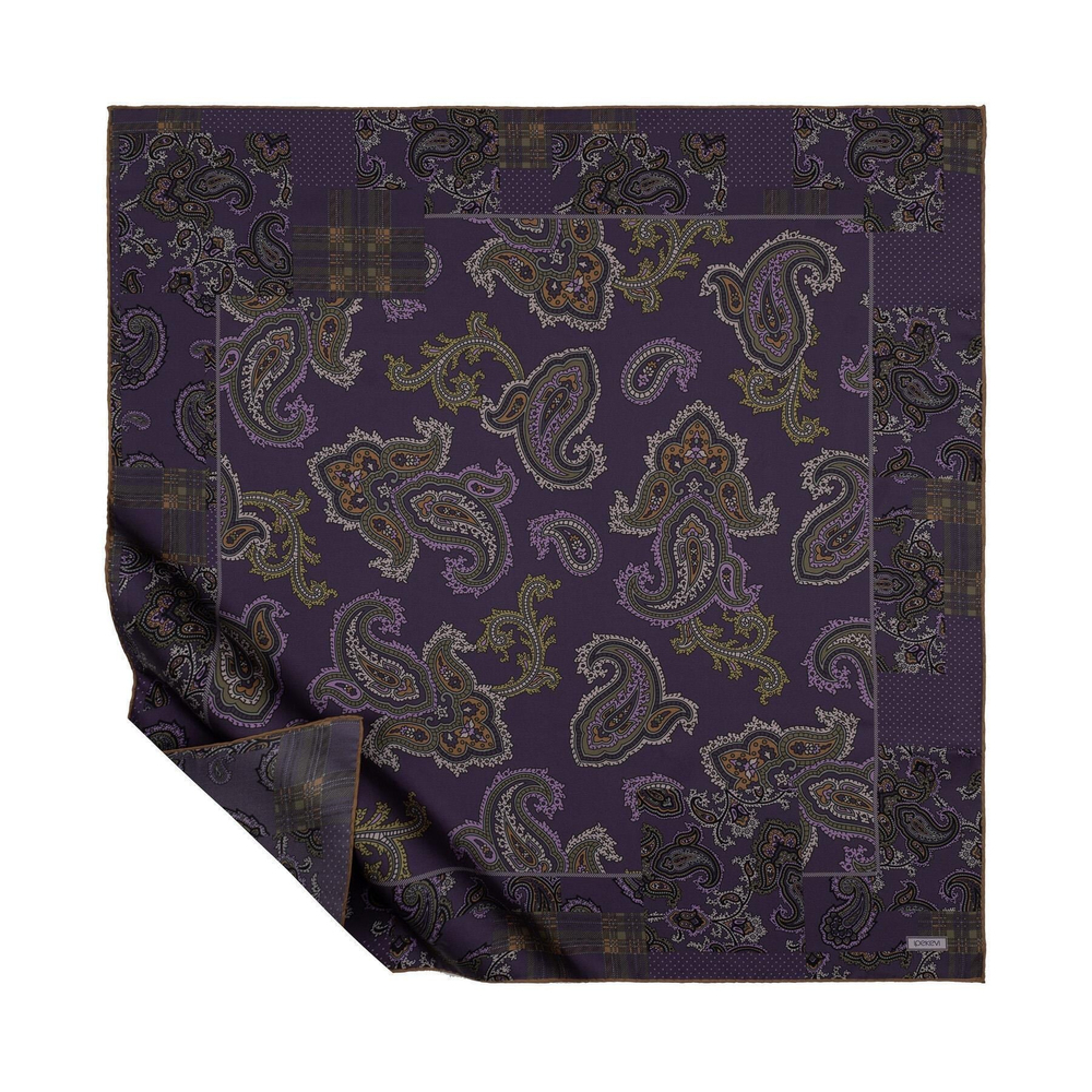 İpekevi Twill İpek Eşarp - Patchwork Desenli - Koyu Mor