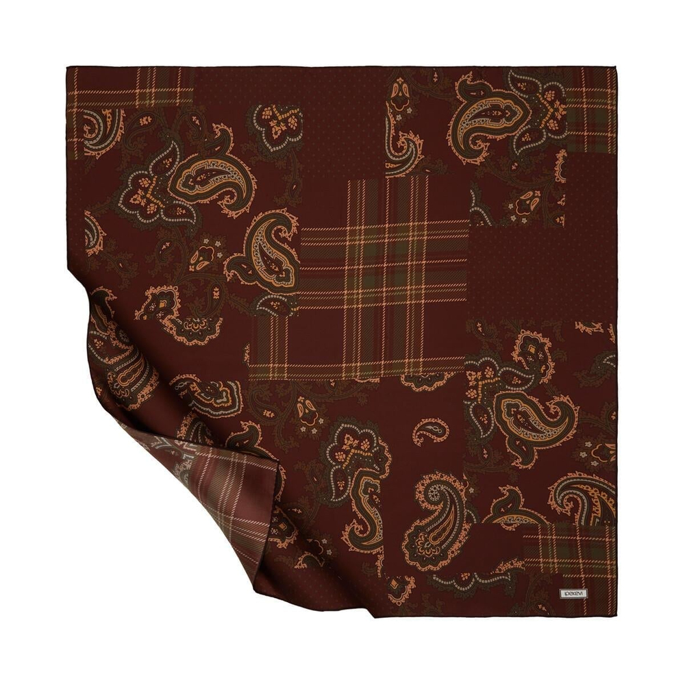 İpekevi Twill İpek Eşarp - Patchwork Desenli - Koyu Bordo