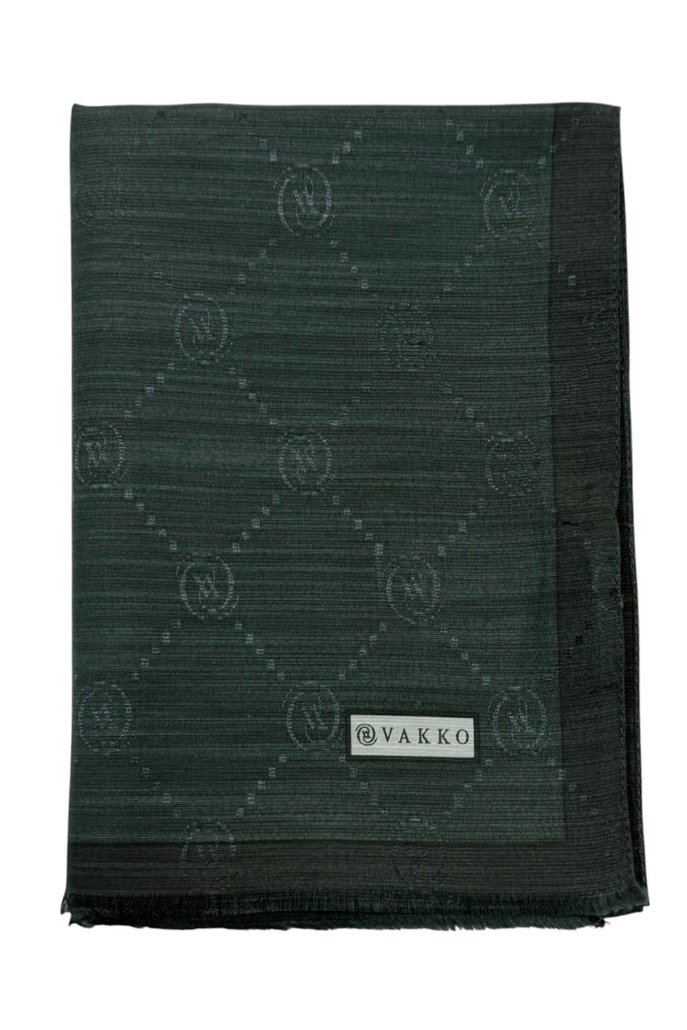 Vakko Pamuk İpek Şal - Şeritli Monogram - Koyu Yeşil