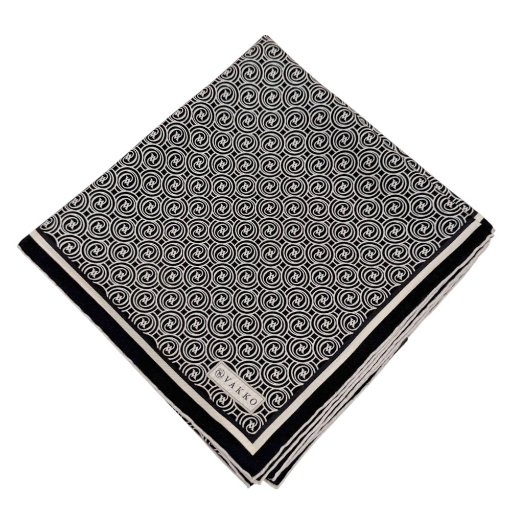 Vakko Twill İpek Eşarp - Helezon Monogram - Siyah Krem