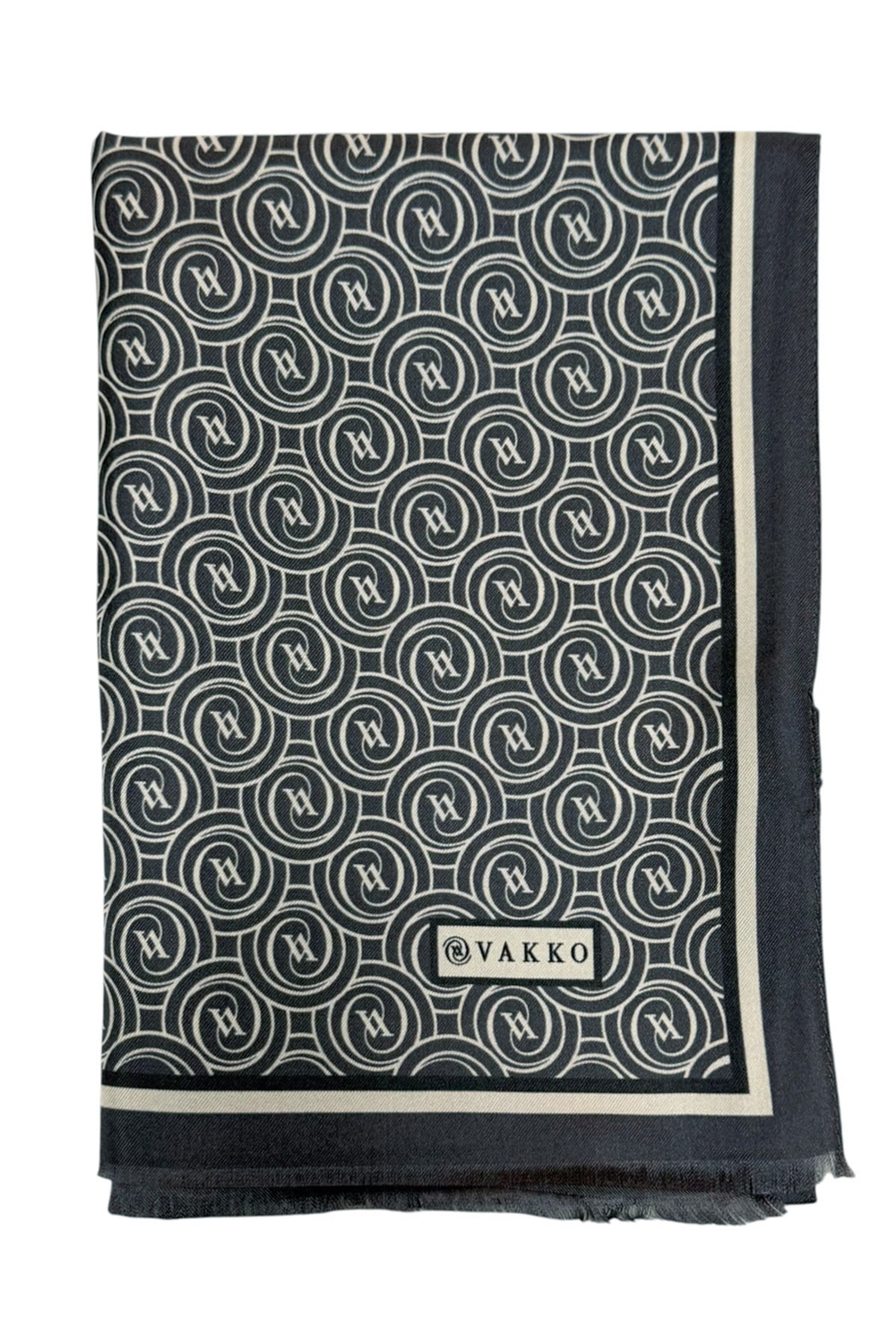 Vakko Twill İpek Şal - Helezon Monogram - Gri Krem
