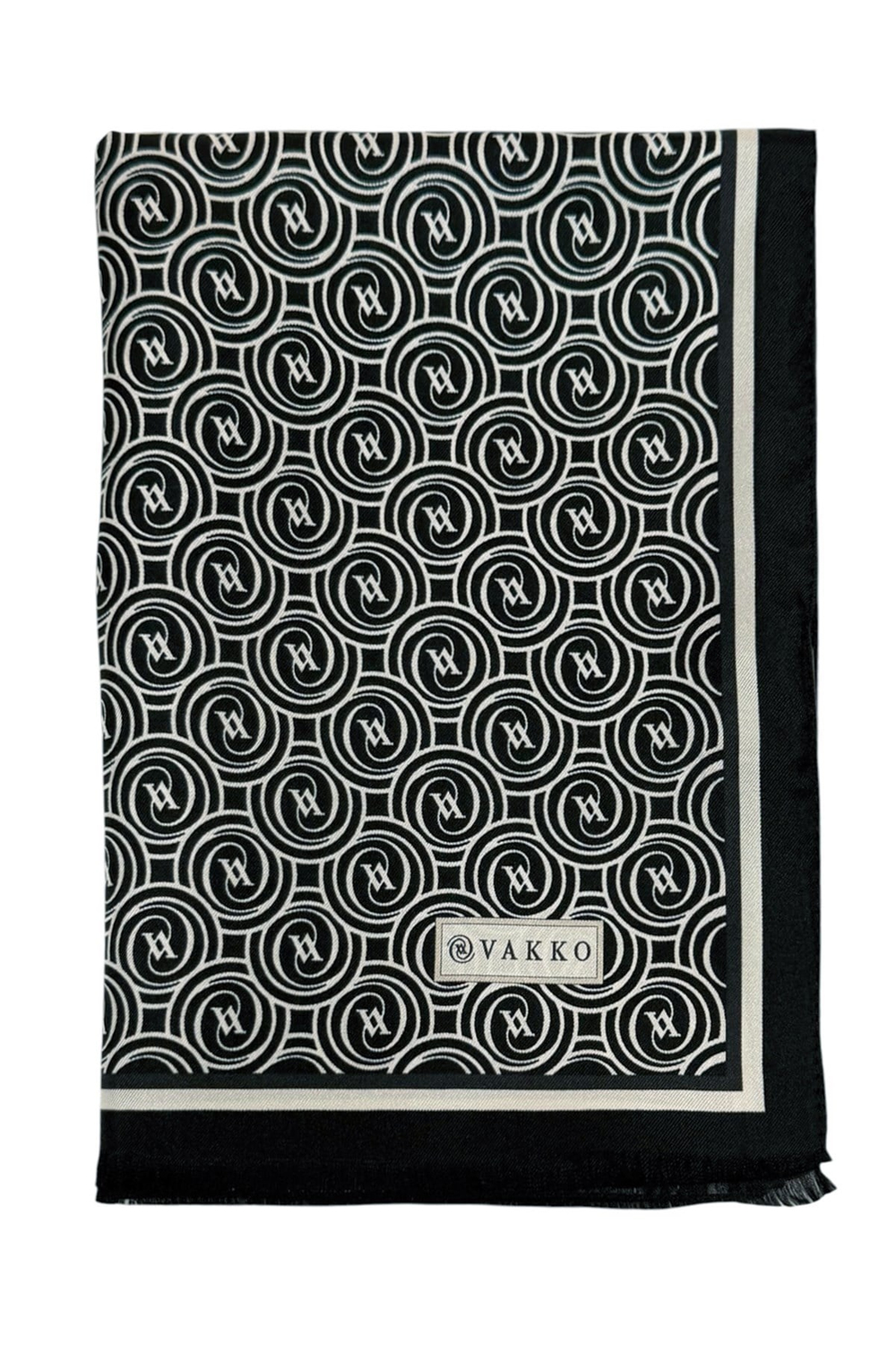 Vakko Twill İpek Şal - Helezon Monogram - Siyah Krem