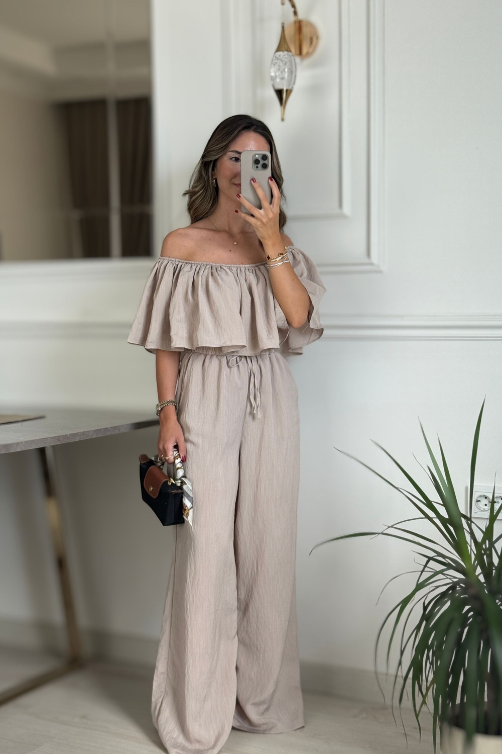  FIRFIR DETAYLI BLUZ PANTOLON TAKIM - VİZON