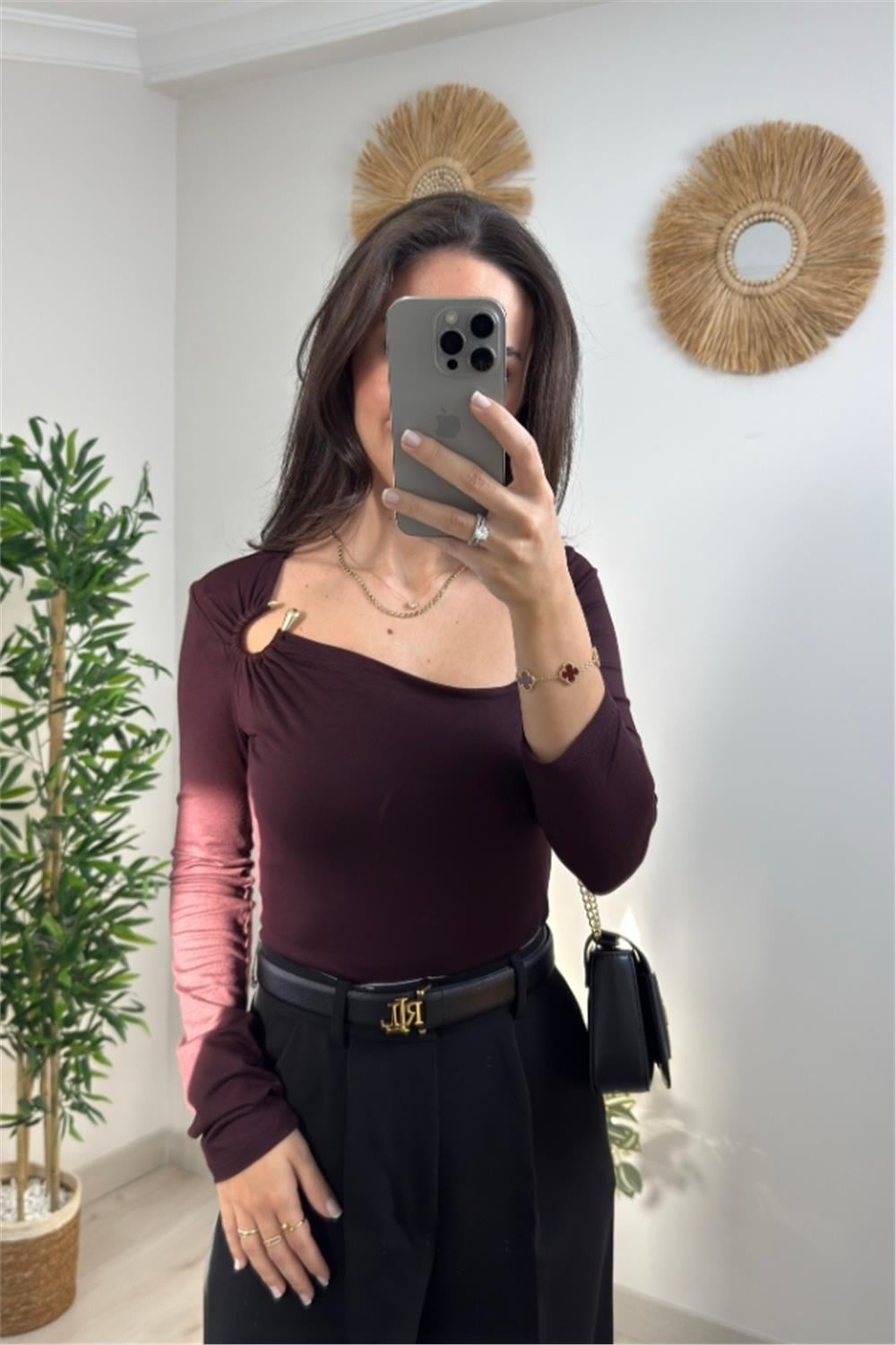 GOLD TOKALI ASİMETRİK YAKA BLUZ - BORDO