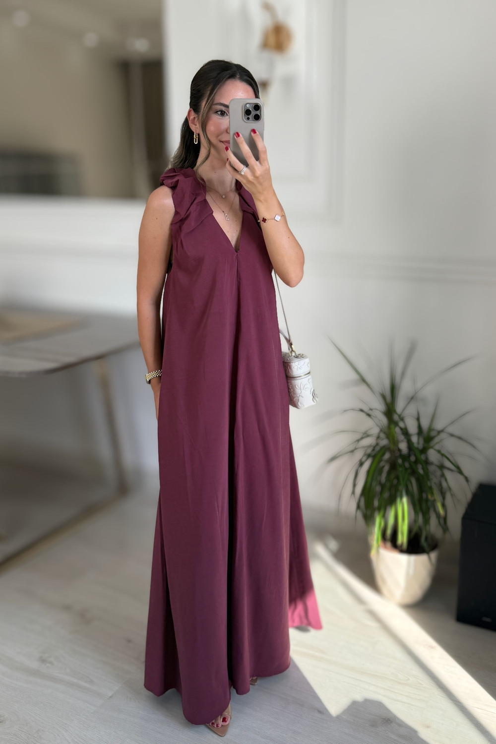 V YAKA TENSEL ELBİSE - BORDO