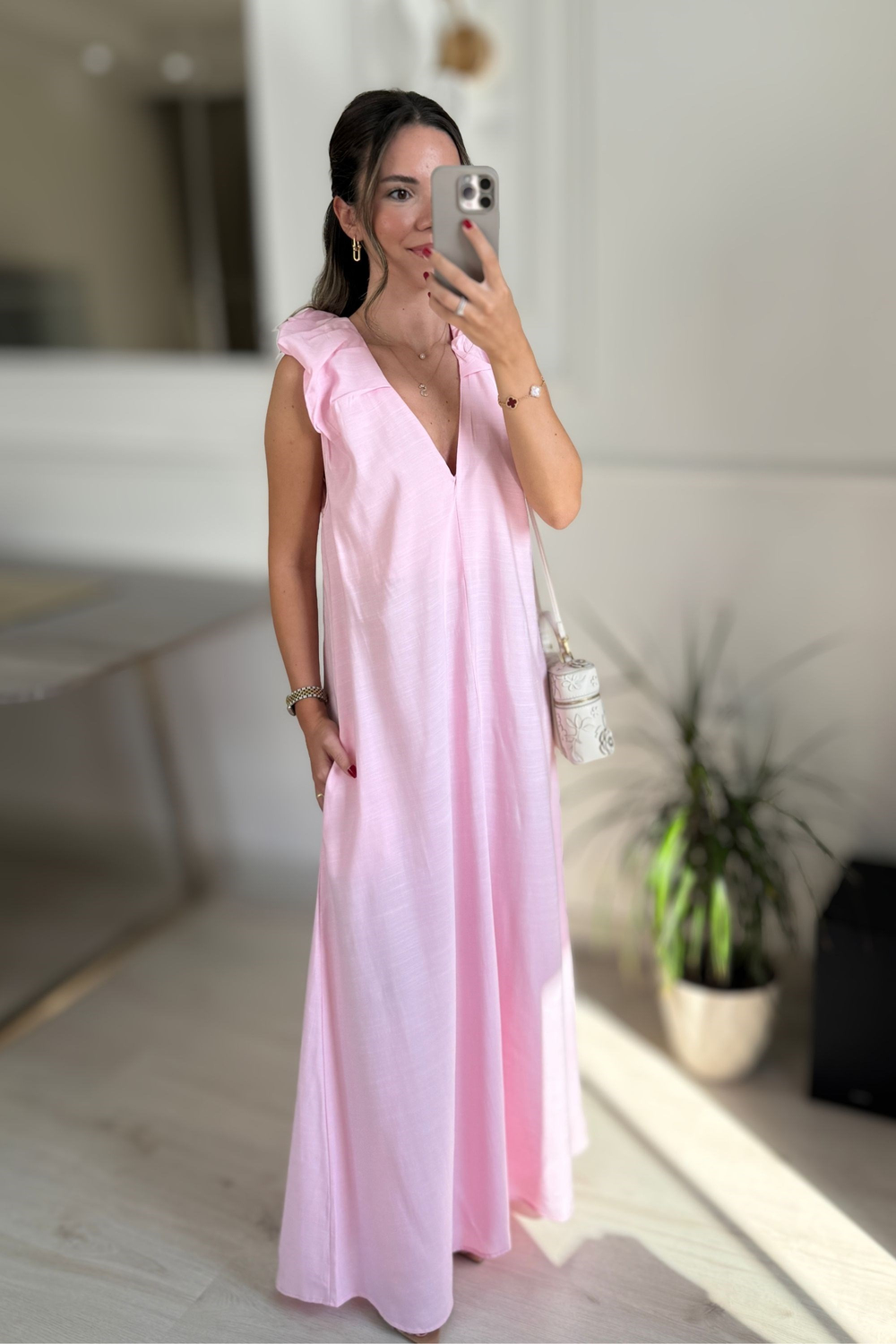 V YAKA TENSEL ELBİSE - PEMBE