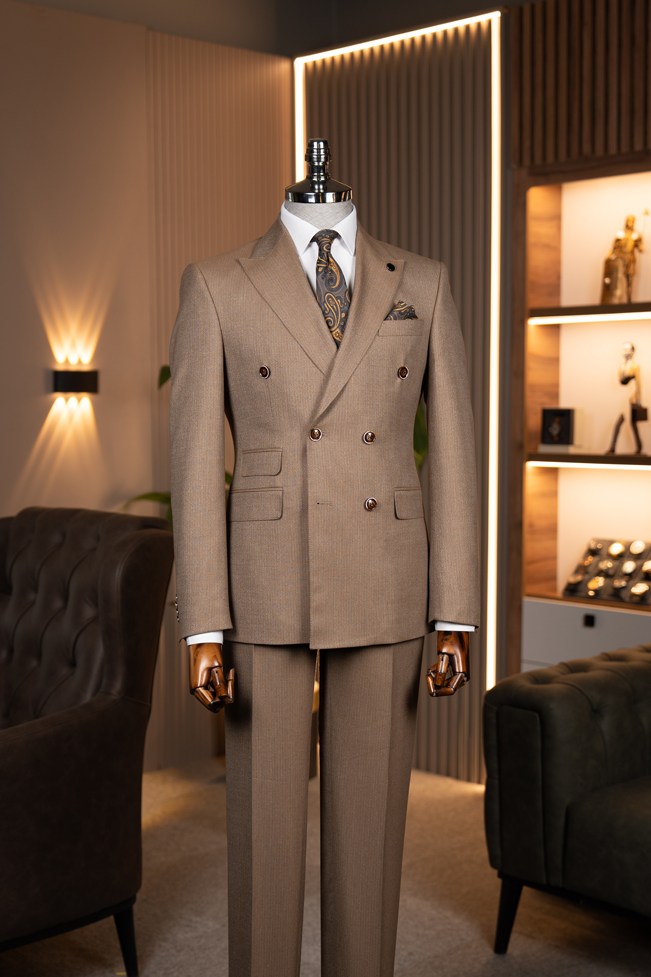 Exclusive  Çizgili Kruvaze Takım Elbise Camel