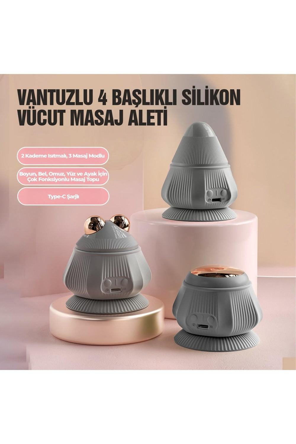 4 Başlıklı Kulunç Kırıcı Vücut Masaj Aleti – Şarjlı | 2 Kademe Isıtmalı, 3 Masaj Modlu