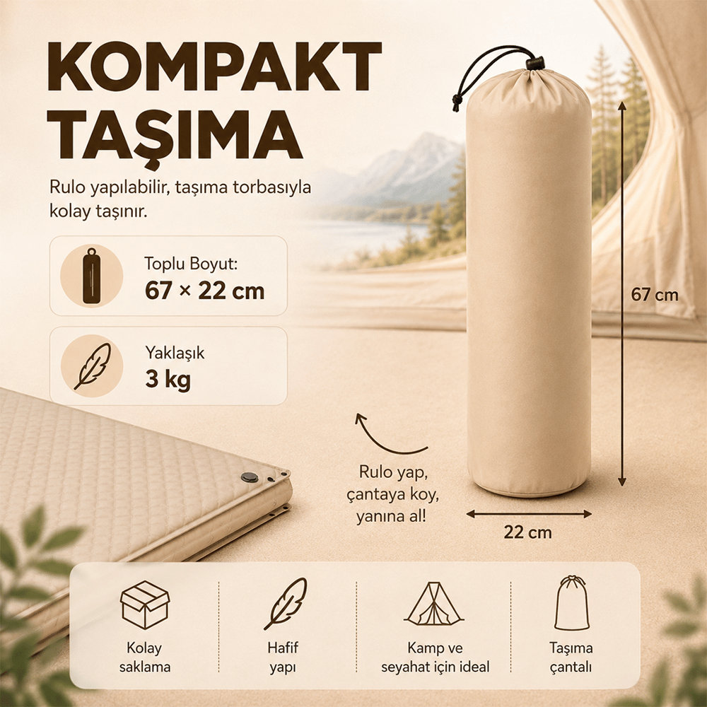 Çift Kişilik Kendiliğinden Şişen Kamp Yatağı – Entegre Yastıklı, Pompa Hediyeli | Taşınabilir