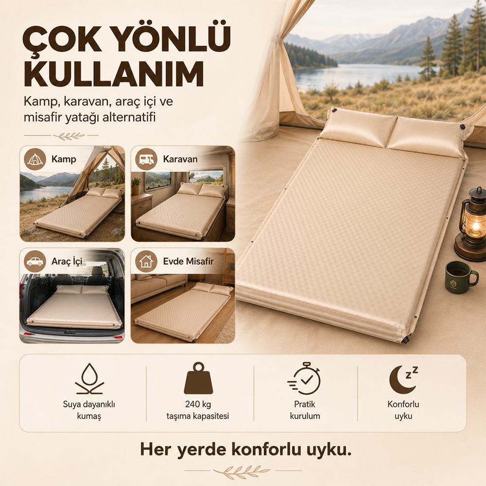 Çift Kişilik Kendiliğinden Şişen Kamp Yatağı – Entegre Yastıklı, Pompa Hediyeli | Taşınabilir