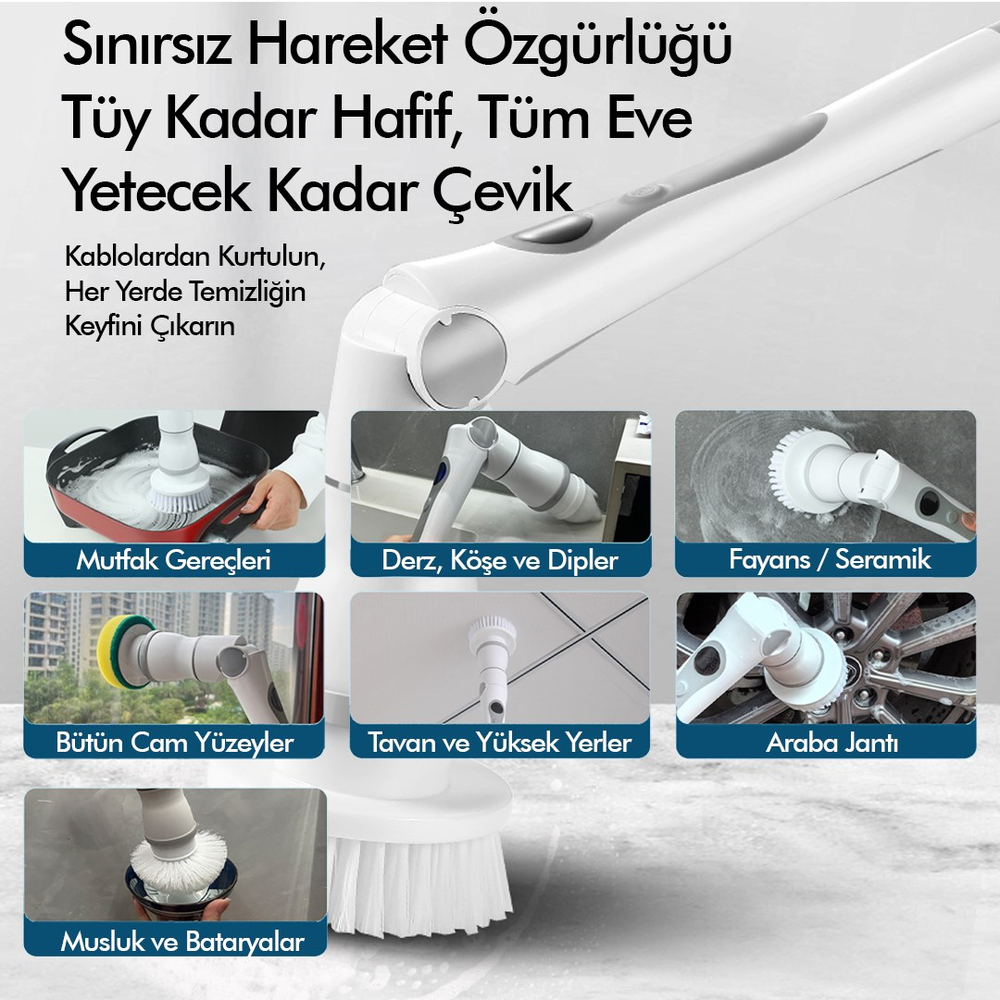 Kablosuz Şarjlı Temizlik Fırçası 8 Başlıklı 3 Kademe Hız Ayarlı Teleskopik Çok Amaçlı Ev Cihazı