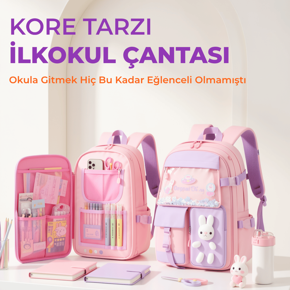 Kore Tarzı Aksesuarlı Kız Çocuk İlkokul Ortaokul Çantası Sırt Çantası