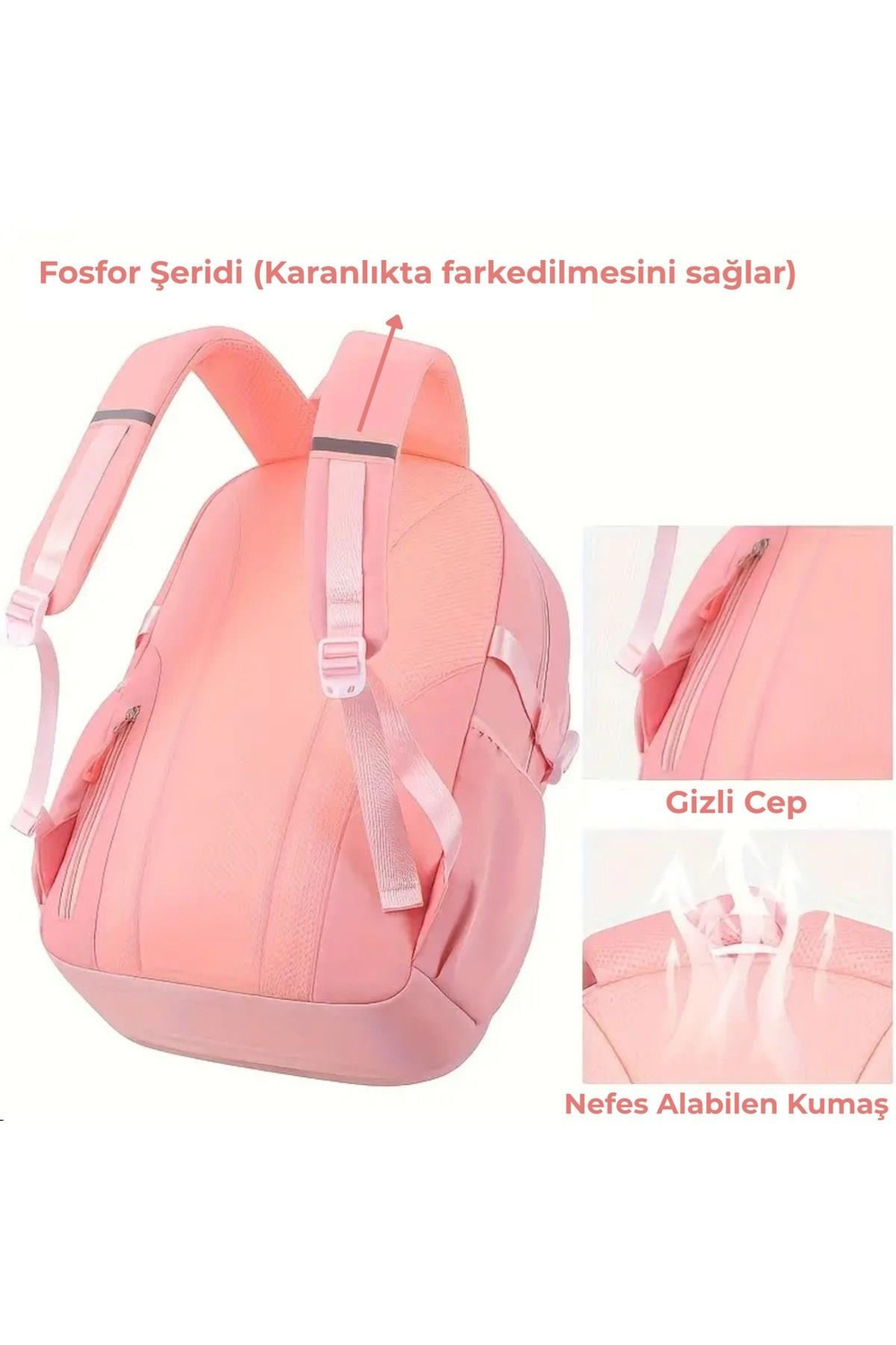 Kore Tarzı Kız Çocuk Okul Çantası – Sırt Çantası, Yedek Çanta Kalemlik Sırt Çantası Pembe