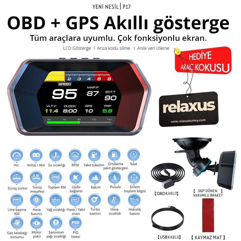 OBD + GPS Çift Modlu Araç HUD LCD Ekranlı Akıllı Gösterge ve Arıza Tespit Cihazı Oto Kokusu Hediye