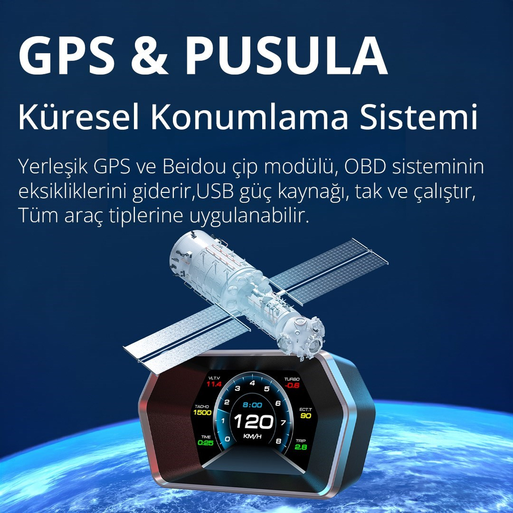 OBD + GPS Çift Modlu Araç HUD LCD Ekranlı Akıllı Gösterge ve Arıza Tespit Cihazı Oto Kokusu Hediye