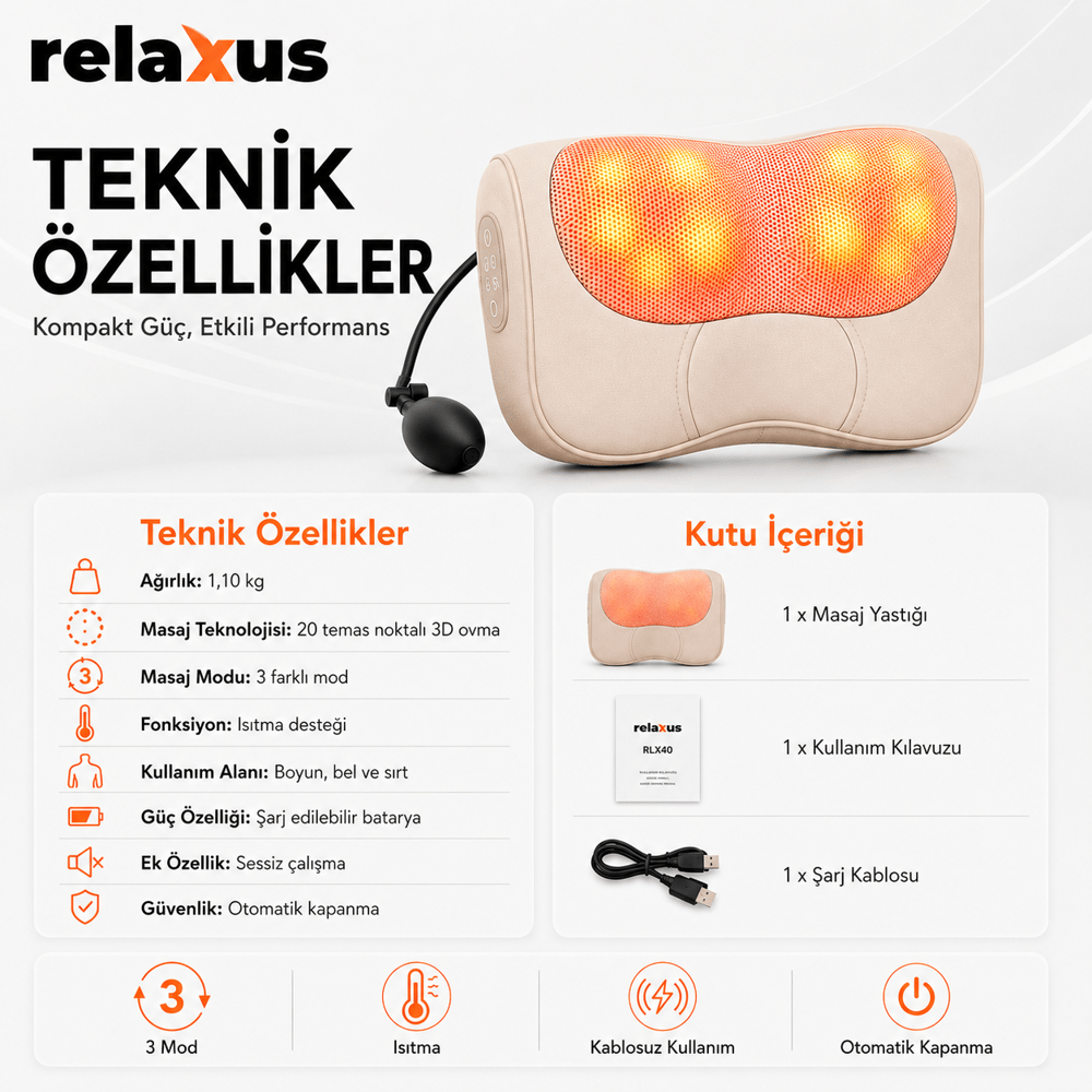 RLX40 Taşınabilir Şişirilebilir Ovmalı Isıtmalı Masaj Yastığı Boyun, Bel ve Sırt Şarjlı Masaj Aleti