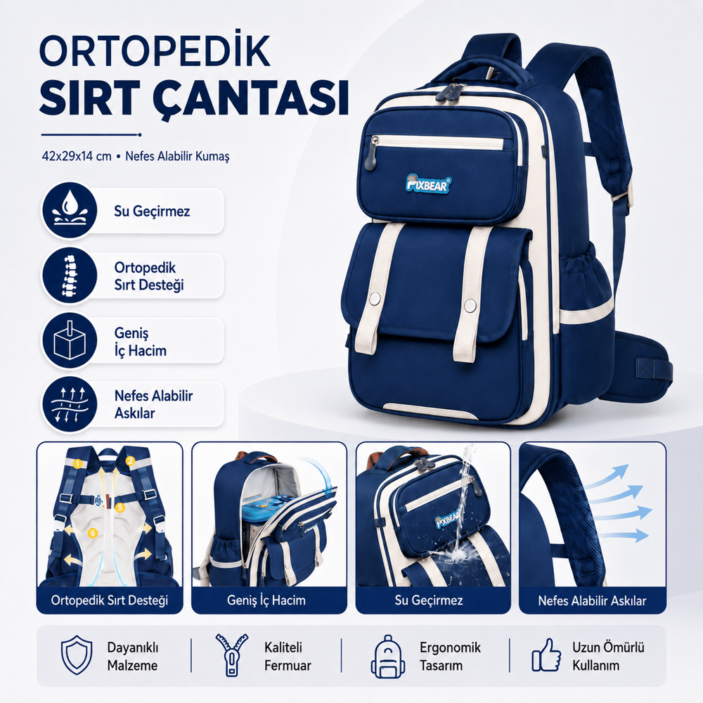 Su Geçirmez Ortopedik Erkek Çocuk Okul Çantası – Mavi
