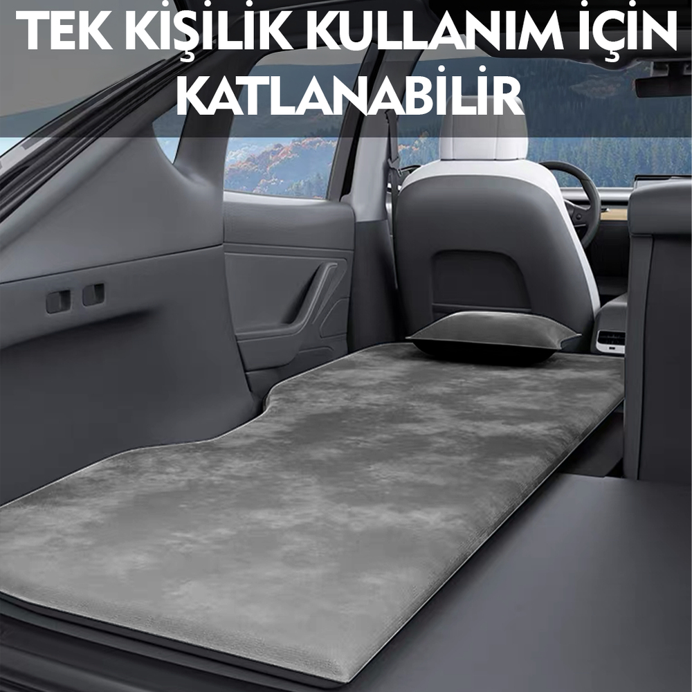 Tesla Model Y Araç İçi Şişme Yatak Ve Yastık Seti Pompa Gri Taşınabilir Uyku Seyahat ve Kamp Yatağı