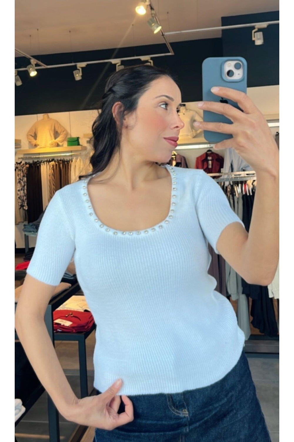 Yarım Kollu Kare Yaka Taşlı Merserize Body