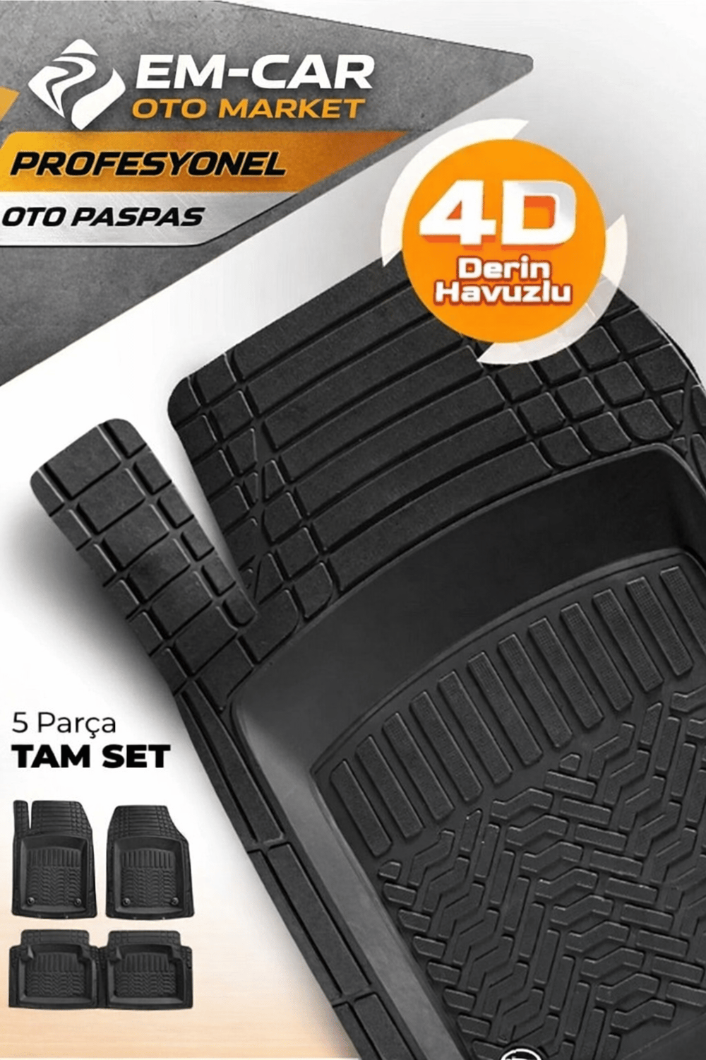 4D Derin Havuzlu %100 Termo Kauçuk Kaydırmazlı Siyah Renk Oto Paspas