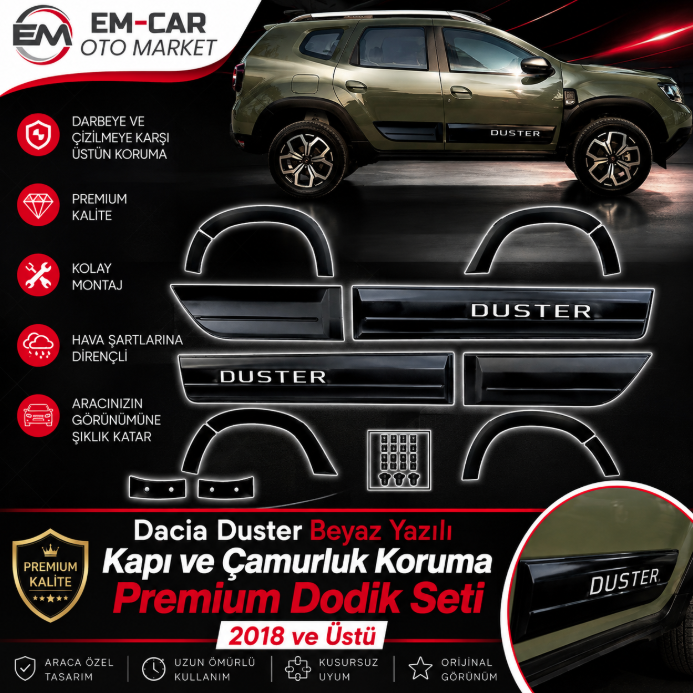 Dacia Duster 2018 ve Üstü Beyaz Yazılı Premium Kapı ve Çamurluk Koruma Dodik Seti