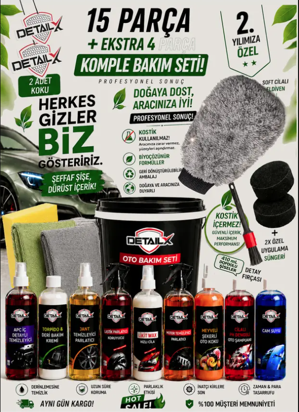 Oto Yıkama Ve Bakım Seti 15 Parça Lastik Torpido Full Temizlik Seti Premium Detay Fırçası Dahil
