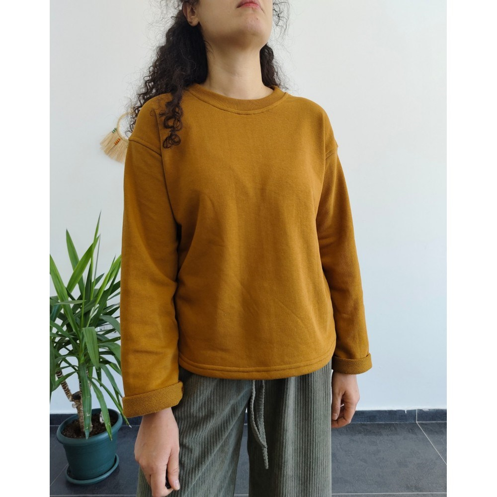 %100 PAMUK 3İP KOYU HARDAL SWEATSHİRT 