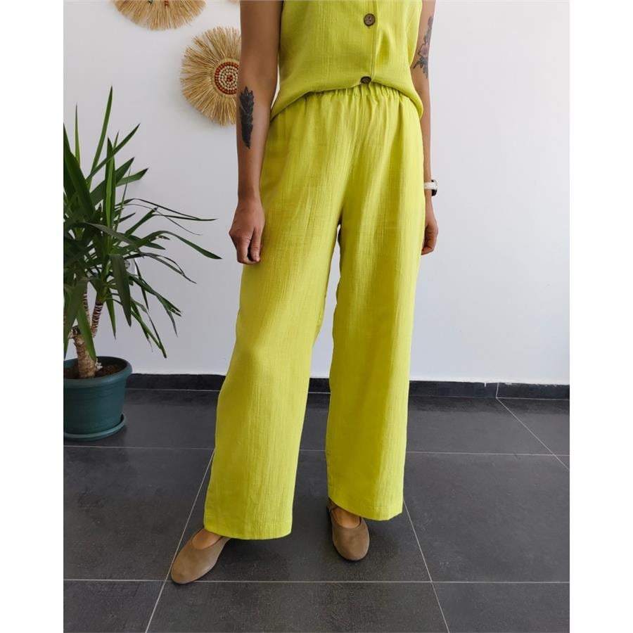 Müslin Bol Paça Limon Yeşili Pantolon 