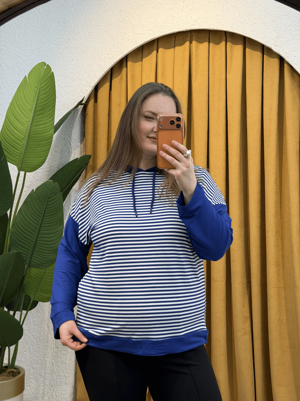 Kapüşonlu Çizgili Sweatshirt - Mavi