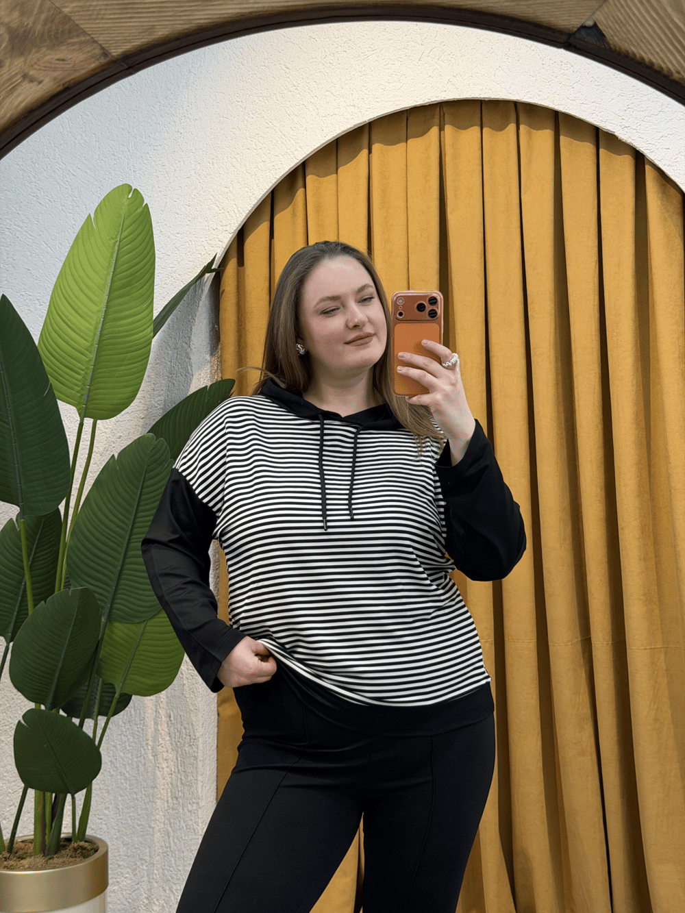 Kapüşonlu Çizgili Sweatshirt - Siyah