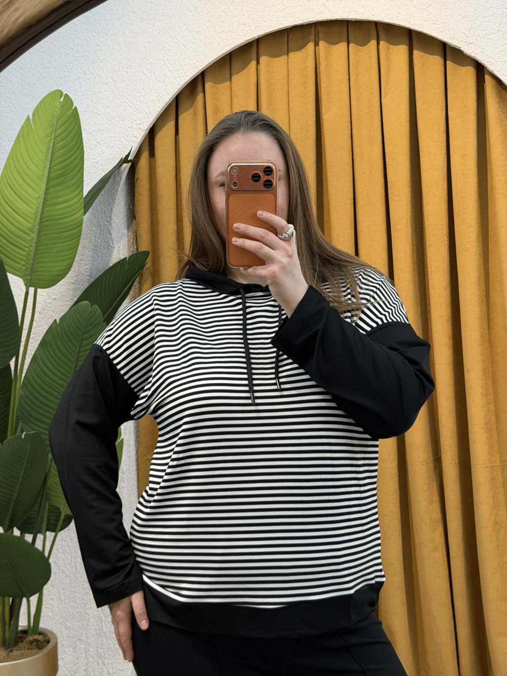 Kapüşonlu Çizgili Sweatshirt - Siyah