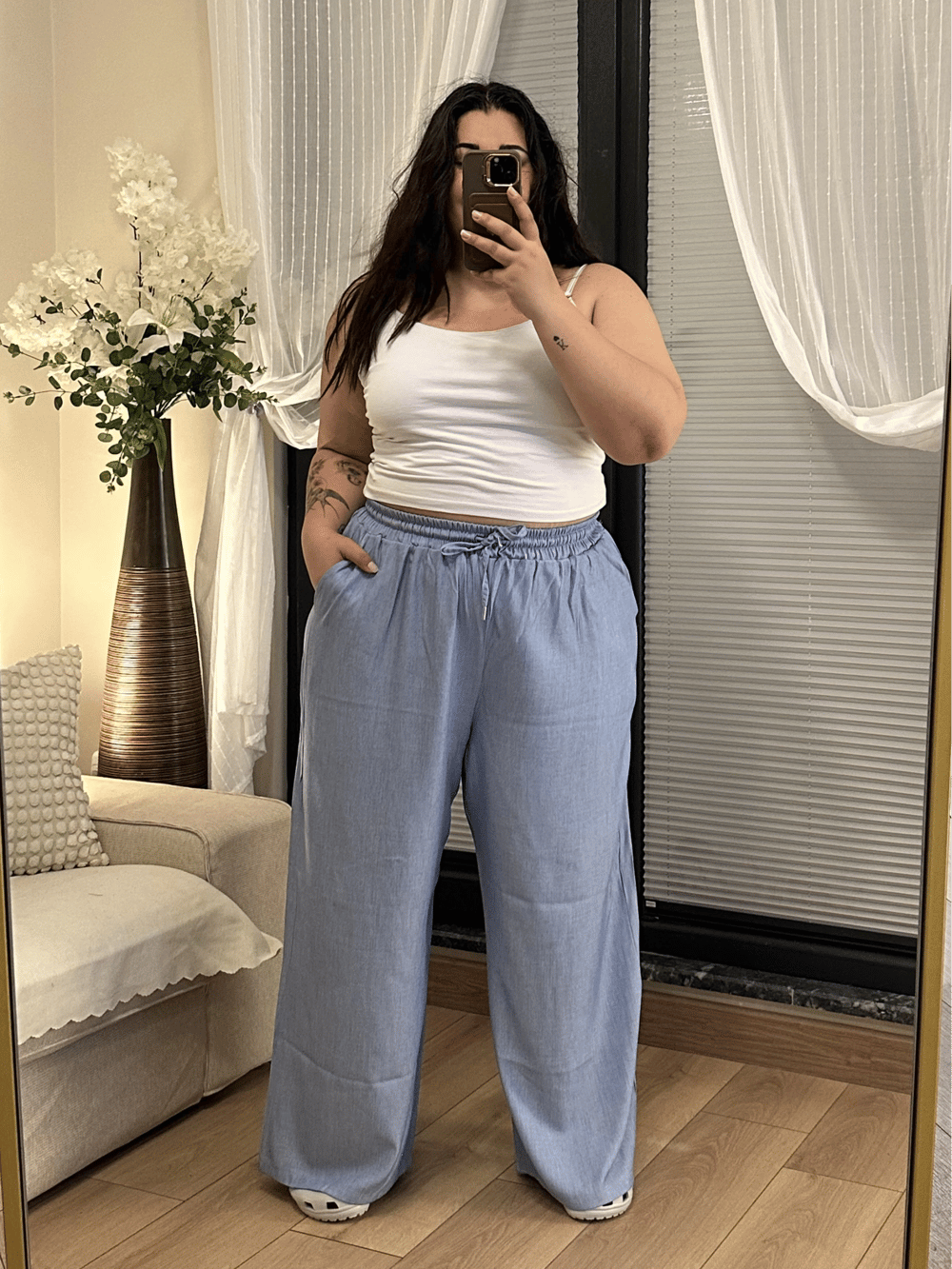 Kot Görünümlü Tensel Palazzo Pantolon - Mavi