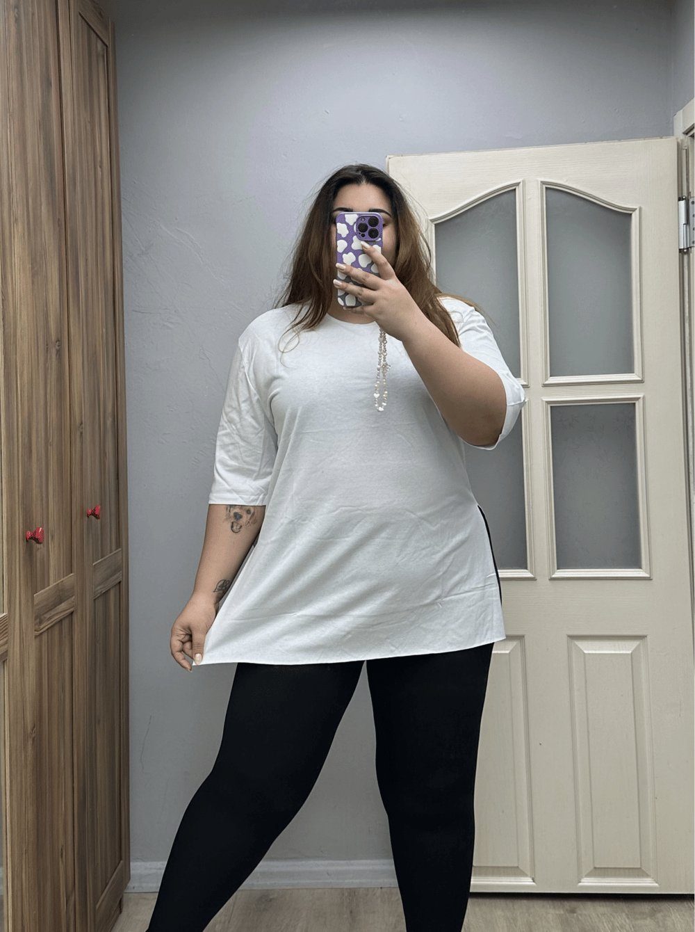 Oversize Yırtmaçlı Tişört - Beyaz