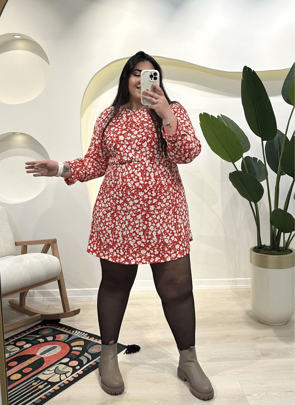 Yarasa Kol Bürümcük Mini Elbise - Kırmızı Çiçekli