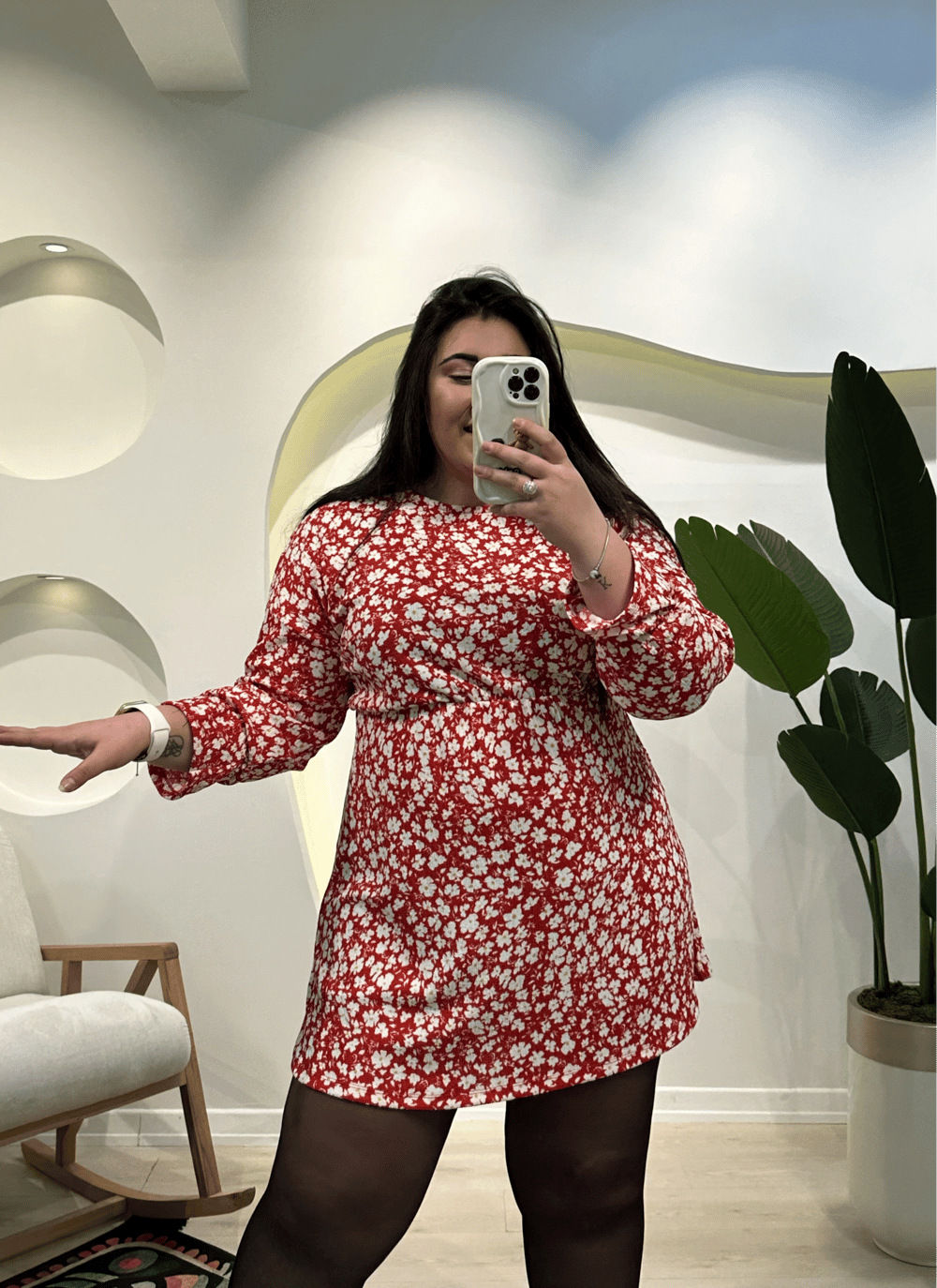 Yarasa Kol Bürümcük Mini Elbise - Kırmızı Çiçekli