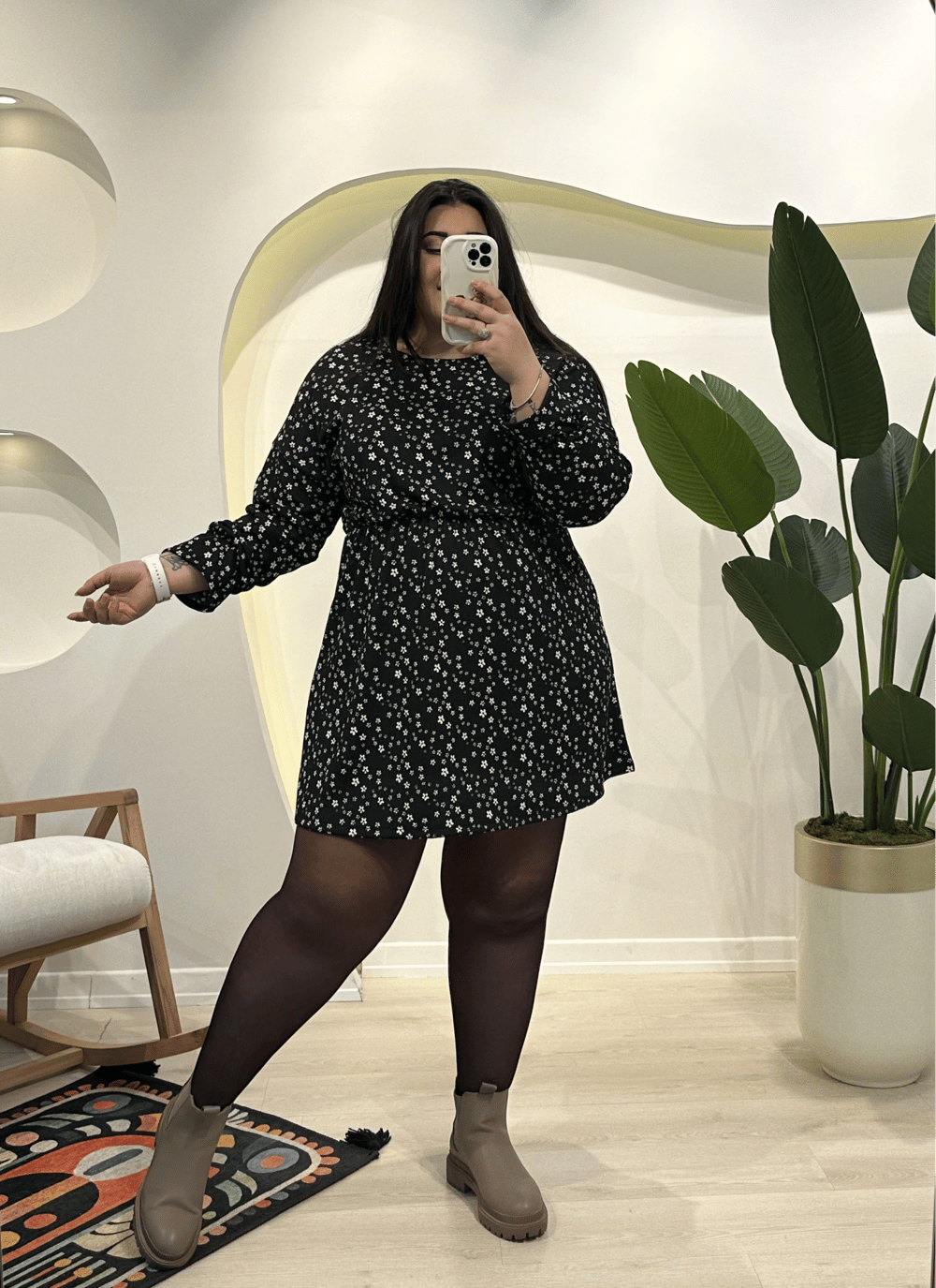 Yarasa Kol Bürümcük Mini Elbise - Siyah Çiçekli