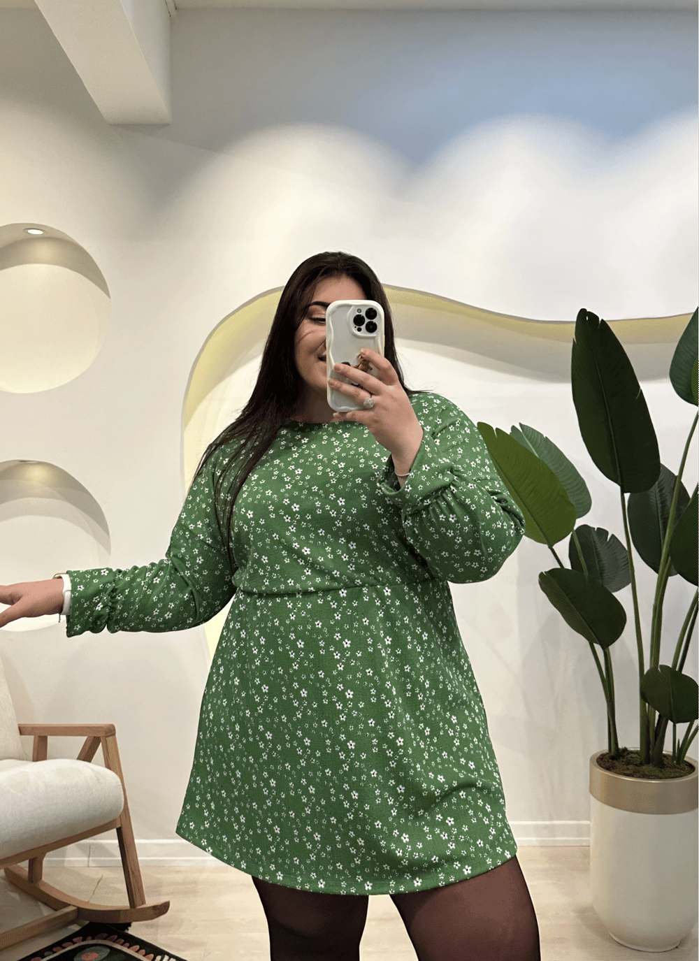 Yarasa Kol Bürümcük Mini Elbise - Yeşil Çiçekli