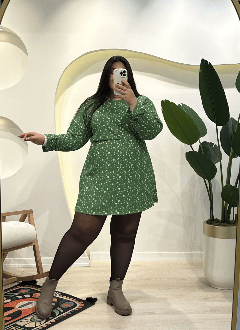Yarasa Kol Bürümcük Mini Elbise - Yeşil Çiçekli