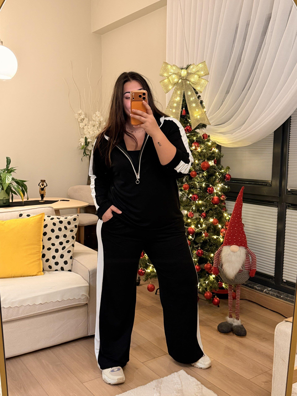 Yarım Fermuarlı Şeritli Kapüşonlu Takım - Siyah