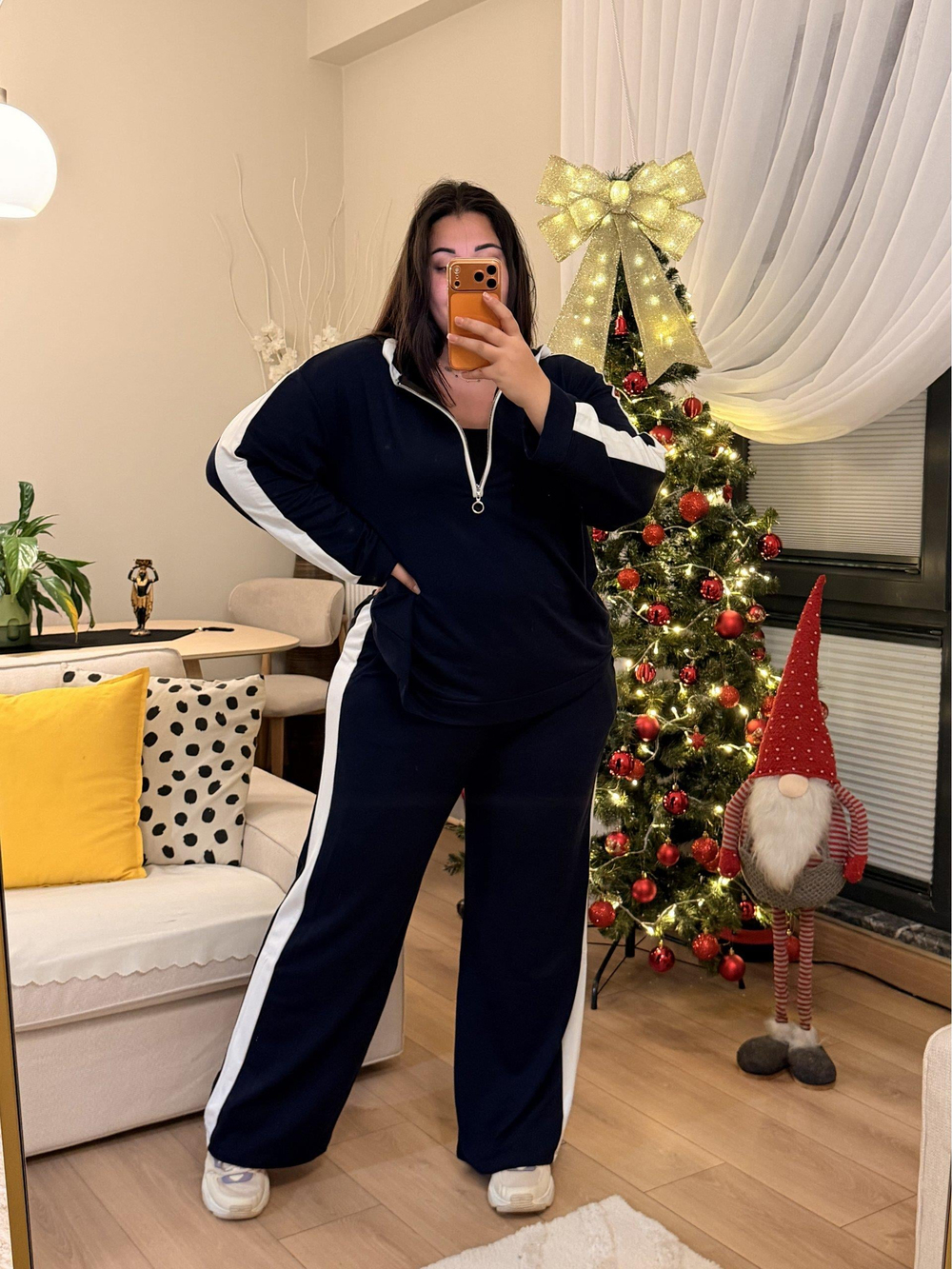 Yarım Fermuarlı Şeritli Kapüşonlu Takım - Lacivert