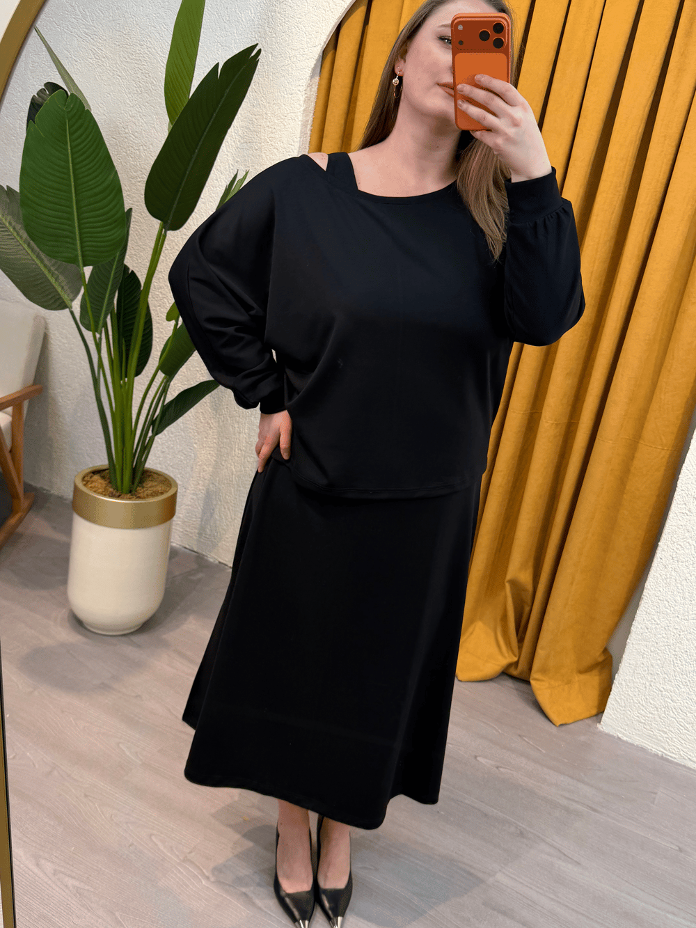İkili Kayık Yaka Modal Elbise - Siyah