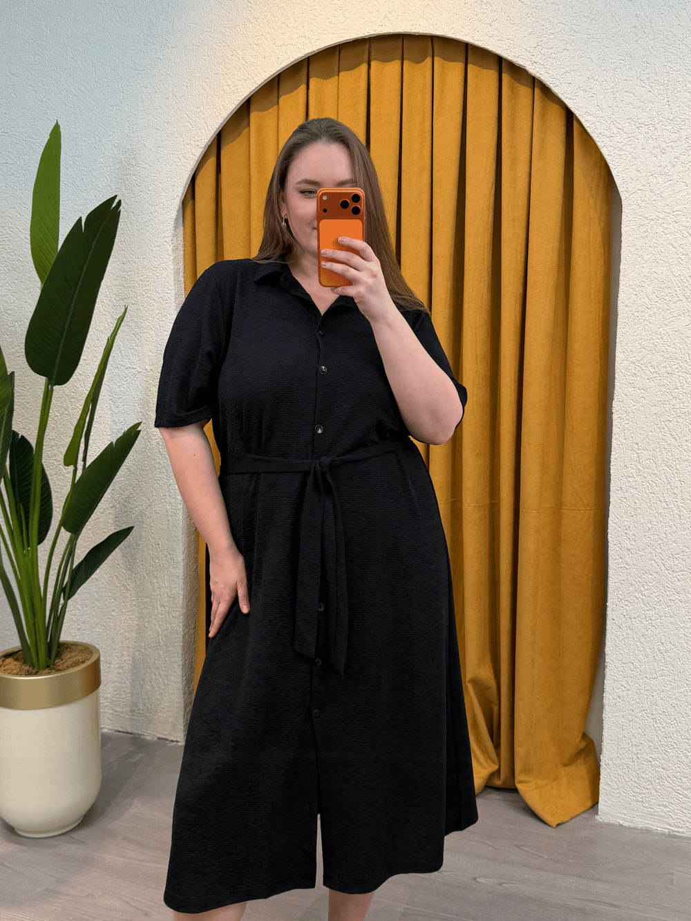 Kuşaklı Krinkle Gömlek Elbise - Siyah