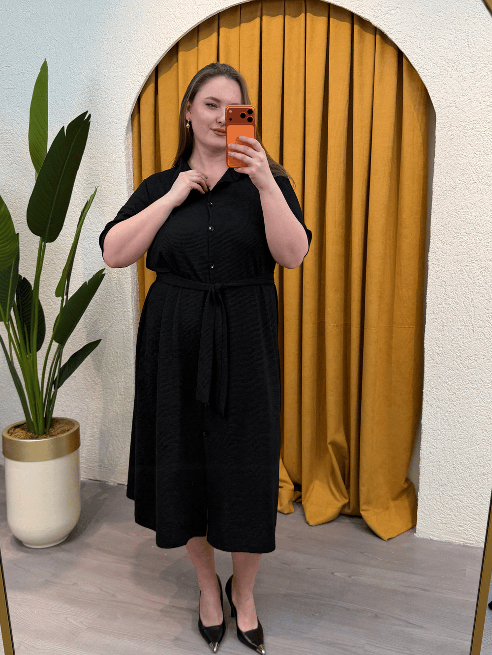 Kuşaklı Krinkle Gömlek Elbise - Siyah