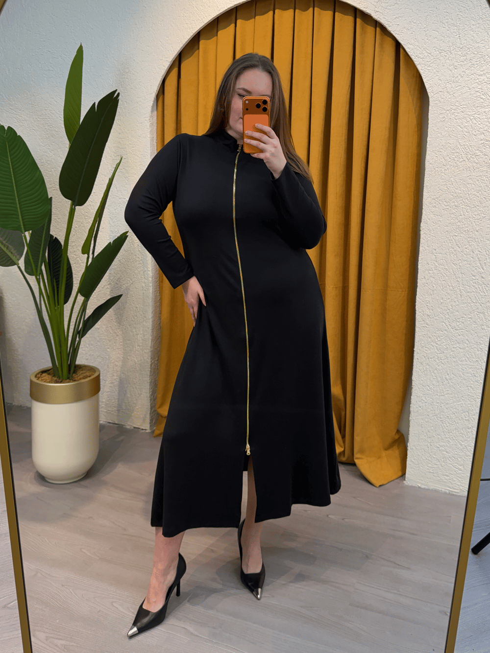 Tam Fermuarlı Esnek Modal Elbise - Siyah