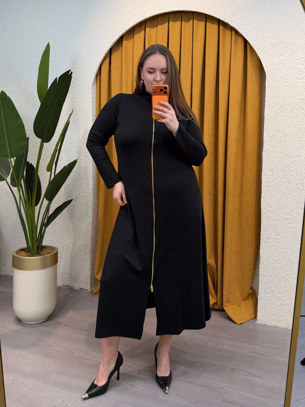 Tam Fermuarlı Esnek Modal Elbise - Siyah