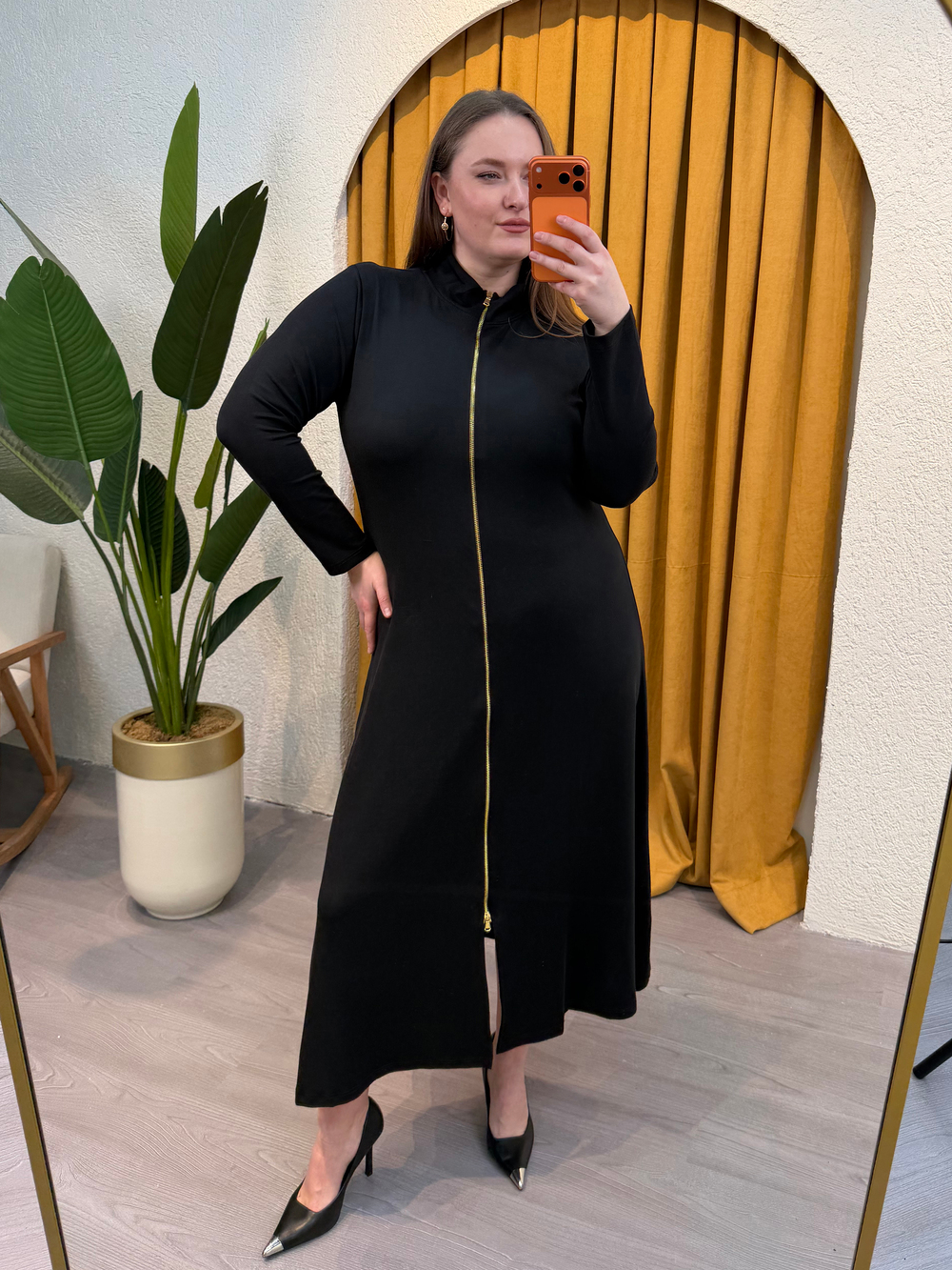 Tam Fermuarlı Esnek Modal Elbise - Siyah