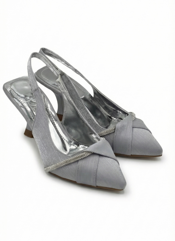 Luvestashoes Metalik Gri Taş Detaylı Çapraz Bantlı Ortopedik Kadeh Topuk Stiletto