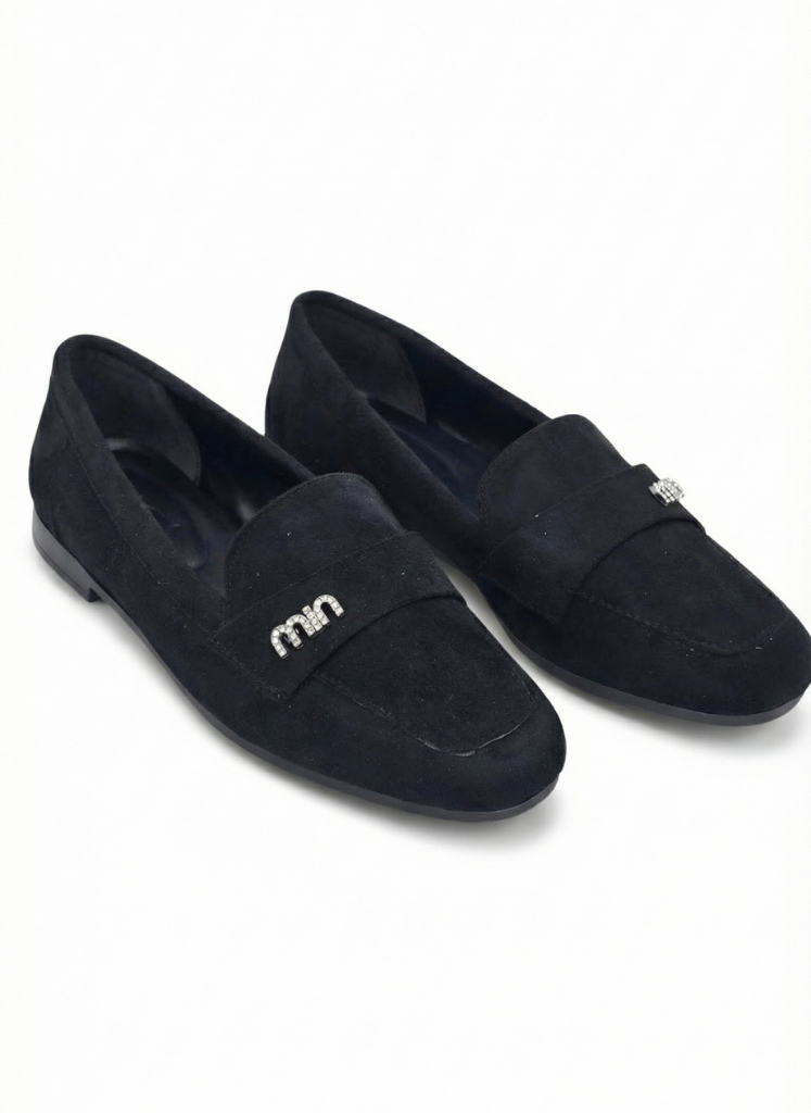 Luvestashoes Siyah Süet Taş Logolu Minimal Günlük Şık Babet